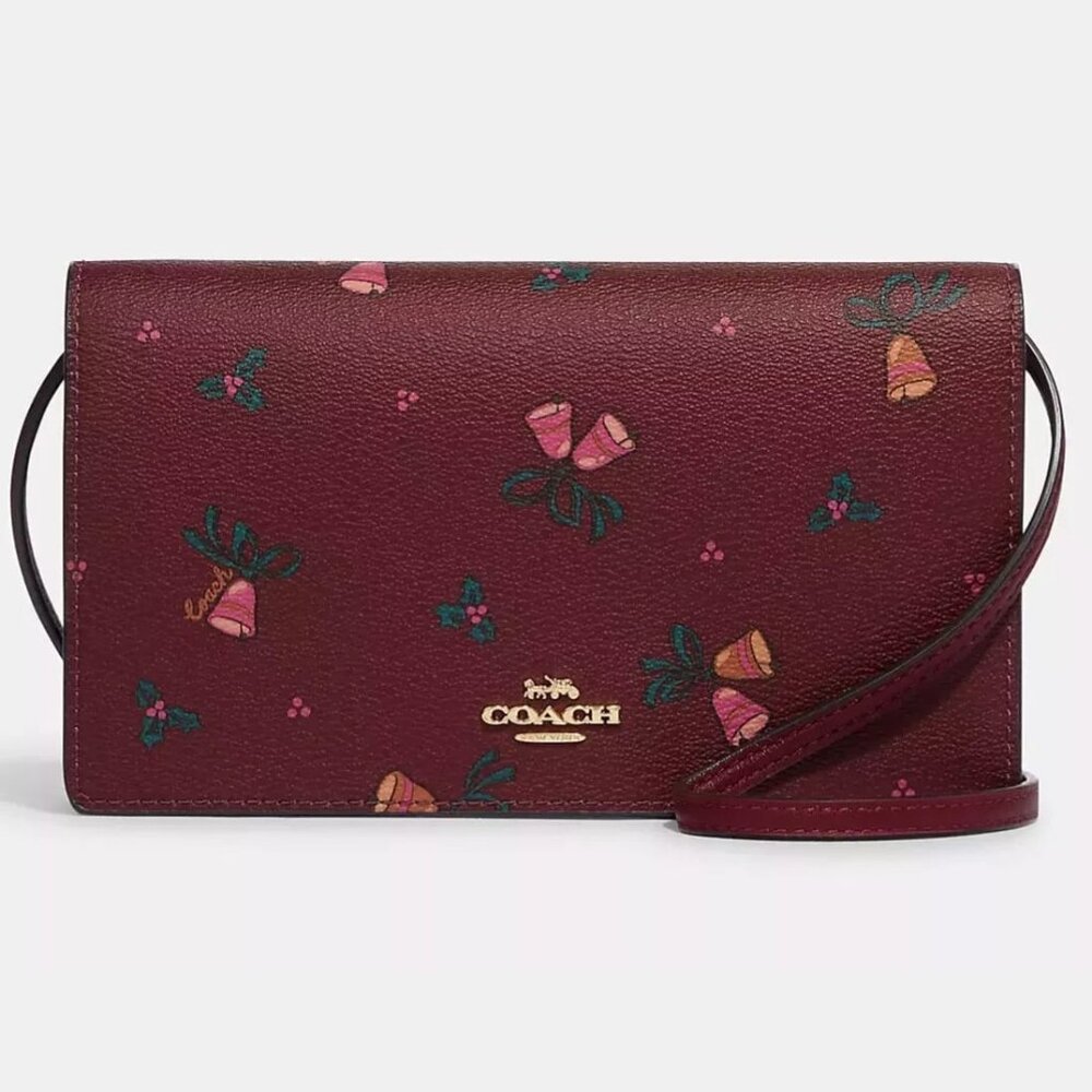 NWT Coach Anna Foldover Clutch Crossbody With Holiday Bells Print CF356